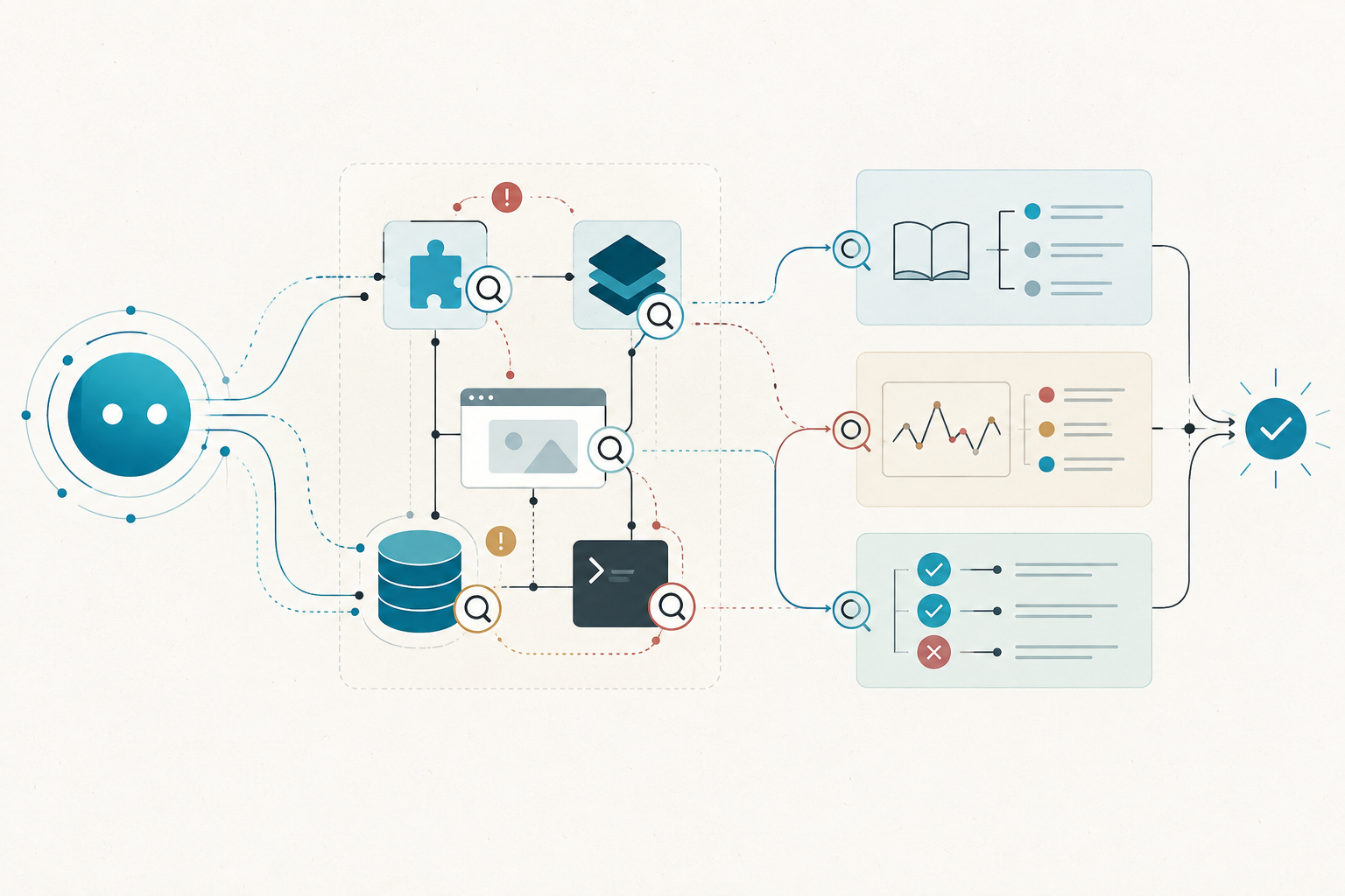 An AI agent moving through WordPress code, site data, browser behavior, and verification gates