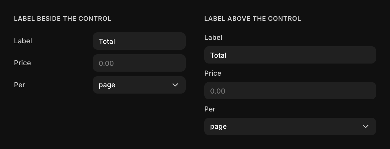 The same three form fields twice: first with labels beside the controls, then with labels above the controls