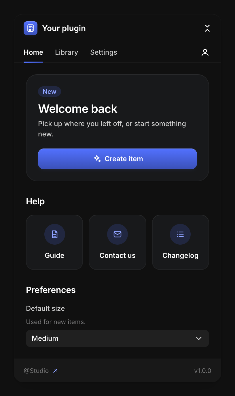 A compact dark panel composed from the system: header with tabs, a welcome card with one primary action, a row of help tiles, a preferences field, and a footer