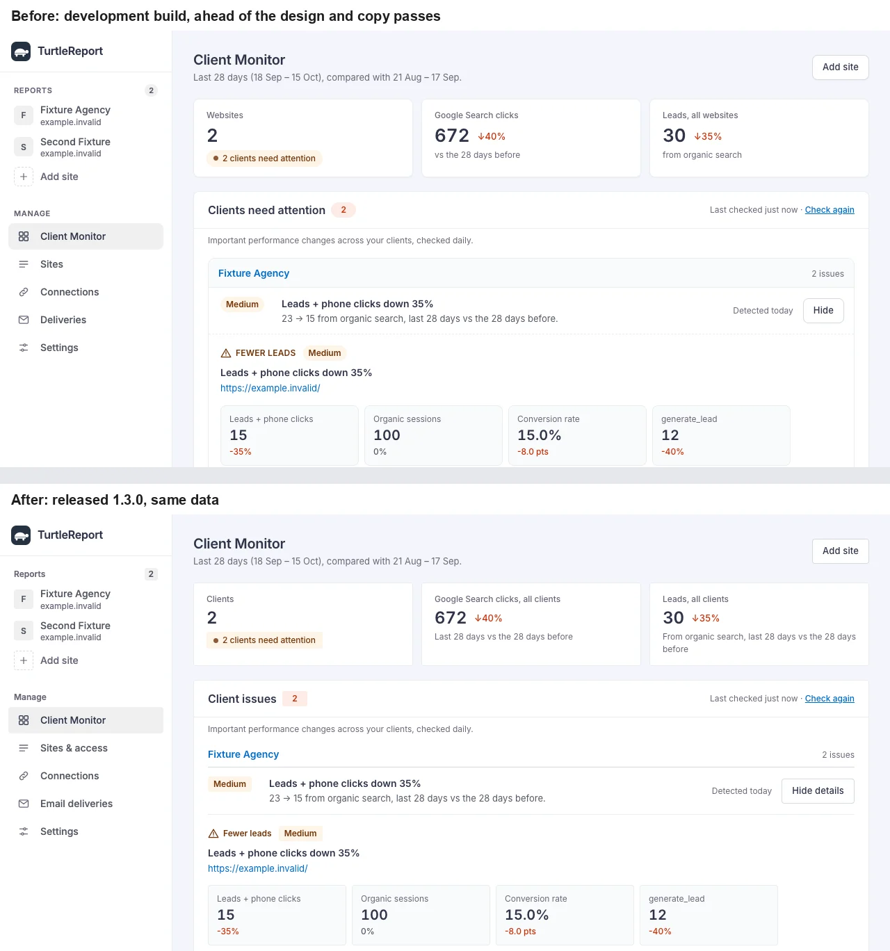 The Client Monitor before and after the design and copy passes, with the same data.
